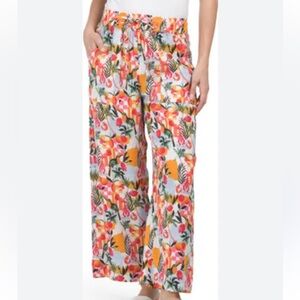 C&C California Linen Pants Womens Med Floral Pull On Wide‎ Leg Pockets